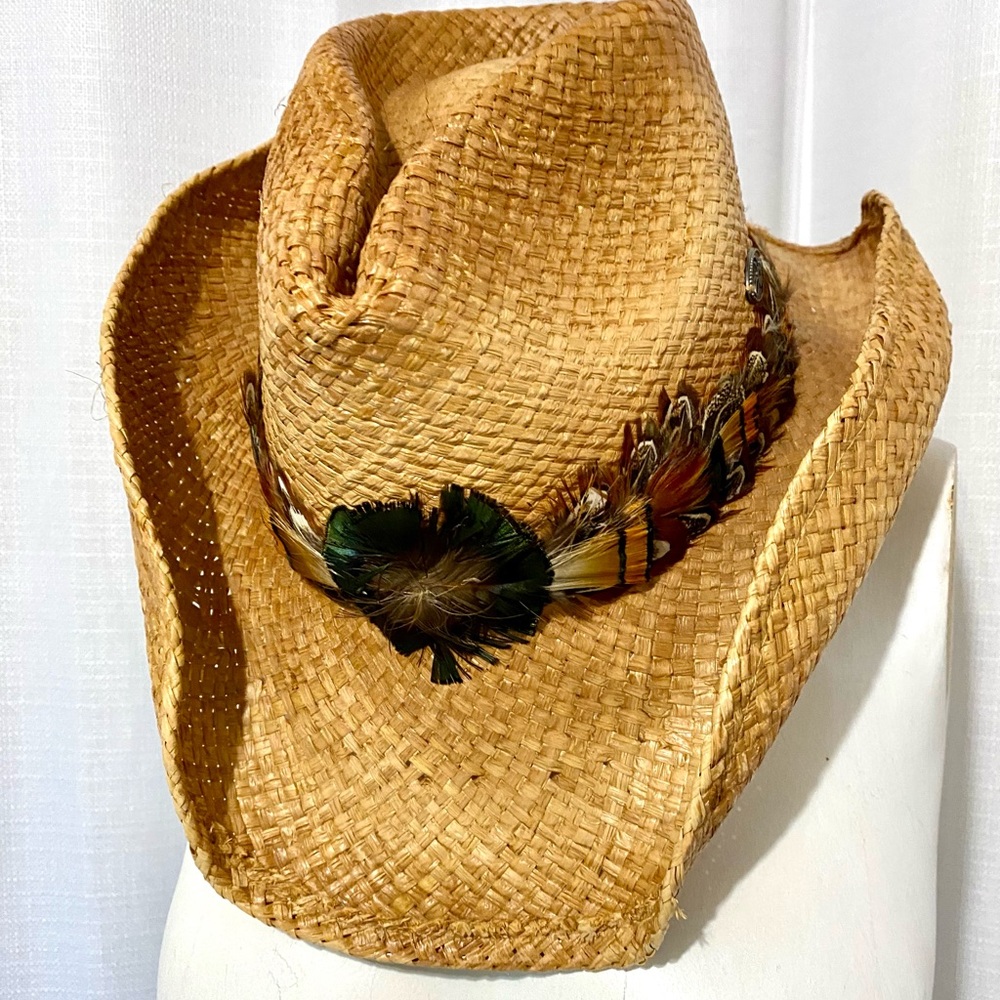 Light Brown SCALA Toby Keith Handmade Straw Cowgirl Western Hat Feather Band S/M